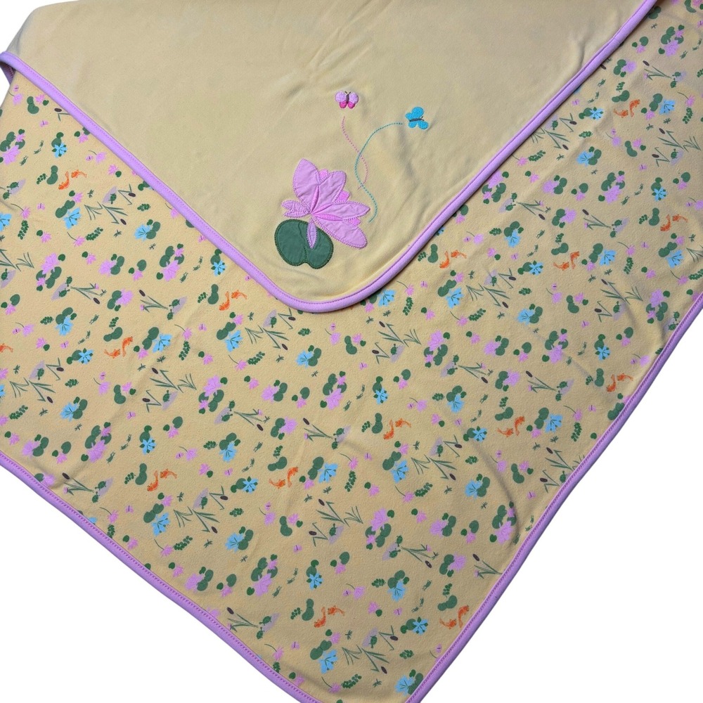 VTG Gymboree 2006 Yellow Cotton Baby Blanket Lotus Flower Butterfly Lily Pad Y2K